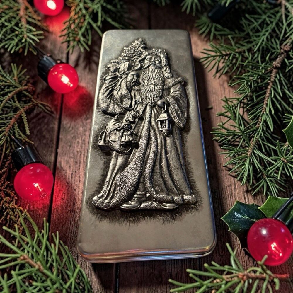 Metzke St. Nicholas Santa Pewter Embossed Lid 4" x 9" Tin Metal Box Vintage